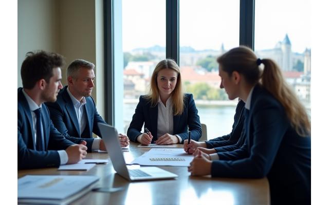 Tým Strategio S.r.o. diskutující strategii v moderní kanceláři s výhledem na Prahu